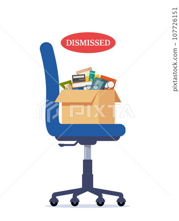 Business chair with box with office things. Dismissed. Fired from job. Vector illustration. Business chair with box with office things. Dismissed. Fired from job. Vector illustration. 107726151