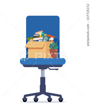 Business chair with box with office things. Dismissed. Fired from job. Vector illustration. 107726152