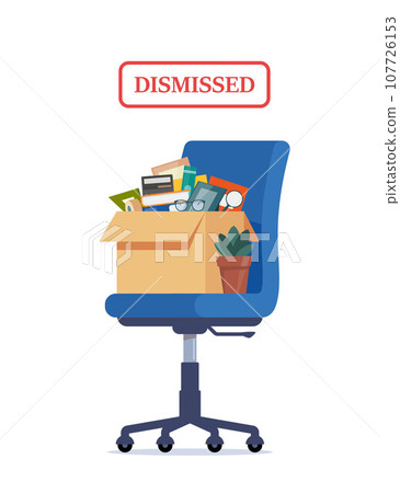 Business chair with box with office things. Dismissed. Fired from job. Vector illustration. Business chair with box with office things. Dismissed. Fired from job. Vector illustration. 107726153