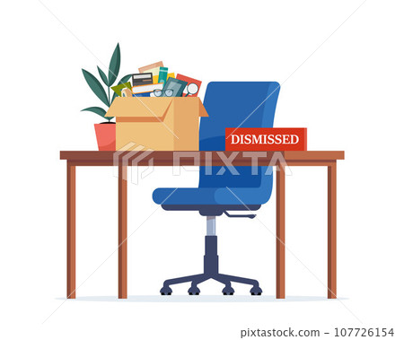 Office workplace and box with office things. Dismissed. Fired from job. Empty office armchair. Recruitment and people management vector concept illustration. 107726154
