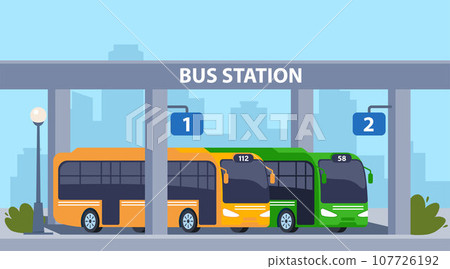 Central bus station. Vector cartoon cityscape with modern city transportation building, buses and platform. Vector illustration. 107726192