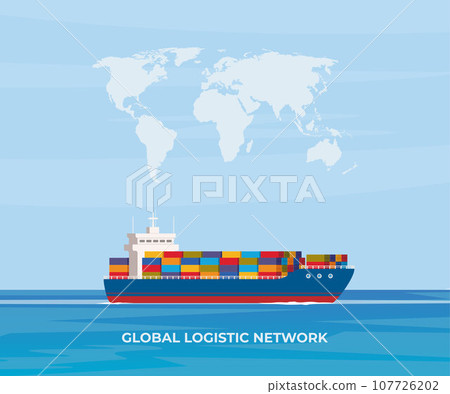 Cargo ship with containers in the ocean. Delivery, shipping freight transportation. Global logistic network. Import, export. Vector illustration. 107726202