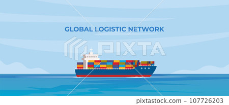 Cargo ship with containers in the ocean. Delivery, shipping freight transportation. Global logistic network. Import, export. Vector illustration. 107726203