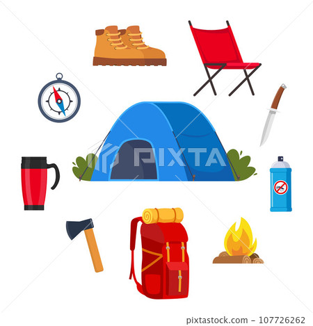 Camping and hiking equipment set. Big collection of elements or icons for Sports, adventures in nature, recreation and tourism concept design. Vector illustration. 107726262