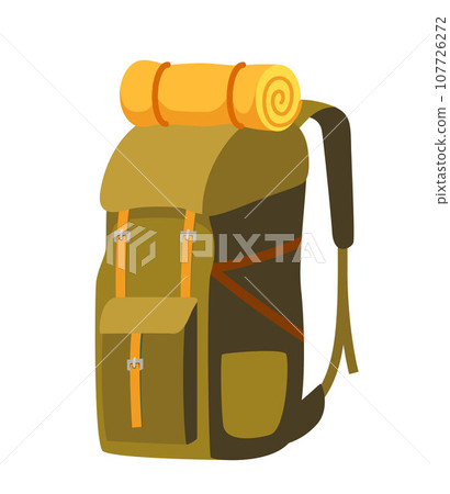Colorful backpack for traveling, hiking, camping. Tourist retro back pack. Classic styled hiking backpack with sleeping bag. Camp and hike bag. Vector illustration. Colorful backpack for traveling, hiking, camping. Tourist retro back pack. Classic styled hiking backpack with sleeping bag. Camp and hike bag. Vector illustration. 107726272