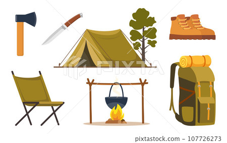 Camping and hiking equipment set. Big collection of elements or icons for Sports, adventures in nature, recreation and tourism concept design. Vector illustration. Camping and hiking equipment set. Big collection of elements or icons for Sports, adventures in nature, recreation and tourism concept design. Vector illustration. 107726273