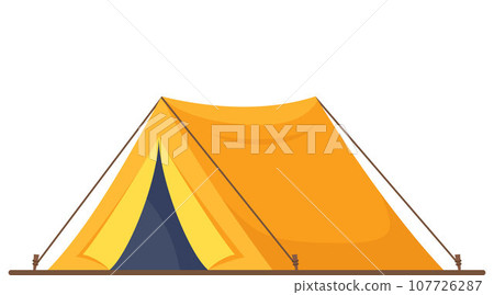 Yellow travel tent for summer camp adventure. Outdoor equipment for sport and tourist activities. Vector illustration. 107726287