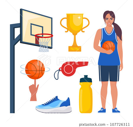Basketball Elements, set. Various Equipment for Basketballs. Basketball player, ball, basket, sneakers, cup, whistle. Vector illustration. Basketball Elements, set. Various Equipment for Basketballs. Basketball player, ball, basket, sneakers, cup, whistle. Vector illustration. 107726311