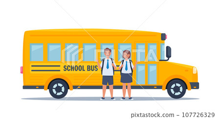 Kids near yellow classic school bus. Back to school concept. Vector illustration. Kids near yellow classic school bus. Back to school concept. Vector illustration. 107726329