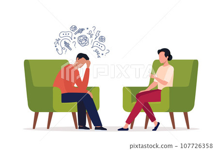 Female psychotherapist has an Individual session with her patient. Talk therapy concept. Vector illustration. 107726358