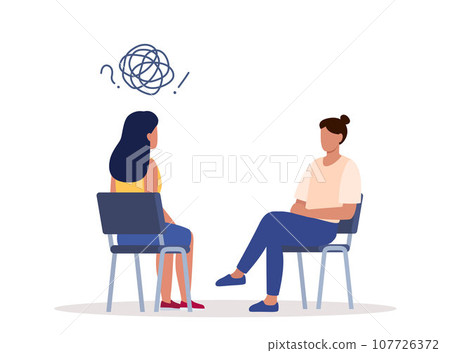Female psychotherapist has an Individual session with her patient. Talk therapy concept. Vector illustration. 107726372