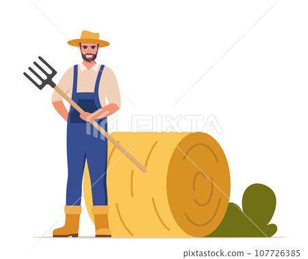 Man with pitchfork near haystack. Farmer prepares hay. Food for domestic animal. Yellow straw in haystack and agricultural equipment. Vector illustration. 107726385