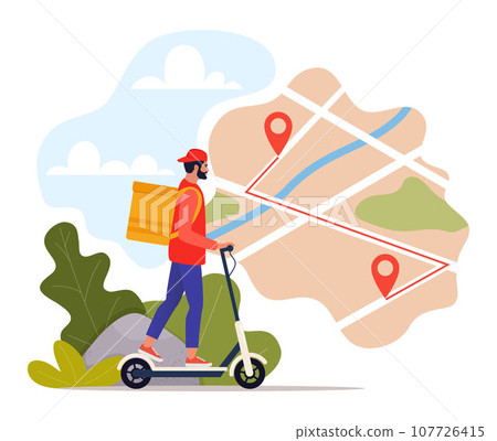 Delivery service concept, food delivery. Man courier riding electric scooter with yellow package product box. Map with red pins, Vector illustration. 107726415