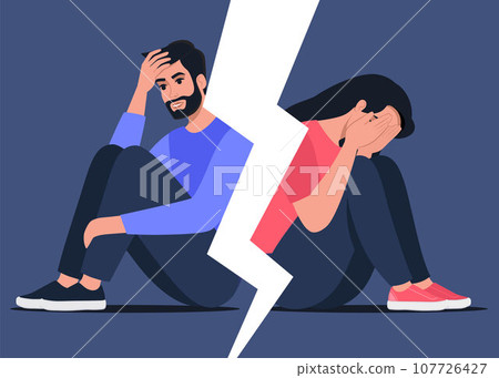 Man and woman sitting with their backs to each other. Concept of divorce, misunderstanding, disagreement, relationship troubles. Man and woman in a quarrel, conflict. Vector. Man and woman sitting with their backs to each other. Concept of divorce, misunderstanding, disagreement, relationship troubles. Man and woman in a quarrel, conflict. Vector. 107726427