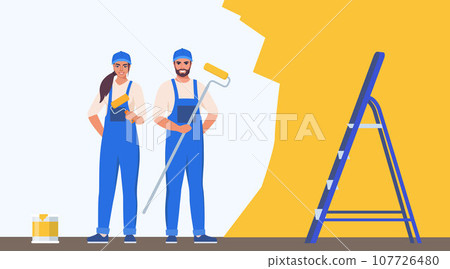 Painters woman and man painting house wall with roller brush. Decorator job, interior renovation service. Vector illustration. 107726480