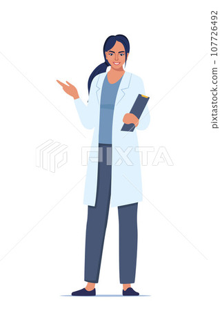 Doctor in medical uniform pointing and showing something with hand. Medicine worker woman explaining and presenting something. Vector flat illustration. Doctor in medical uniform pointing and showing something with hand. Medicine worker woman explaining and presenting something. Vector flat illustration. 107726492