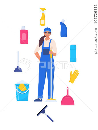 Woman dressed in uniform with mop. Worker of cleaning service. Cleaning tools and detergent. Bucket, scoop, brush, washing powder, bottle of spray, sponge, glass scraper, rubber gloves. Vector. 107726511