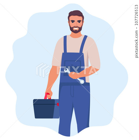 Repairman or mechanic with a toolbox. Man character in uniform with wrench in his hand. Vector illustration. Repairman or mechanic with a toolbox. Man character in uniform with wrench in his hand. Vector illustration. 107726513