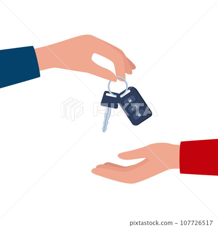 Dealer hand giving keys chain to a buyer hand. Buying or renting a car. Vector illustration. Dealer hand giving keys chain to a buyer hand. Buying or renting a car. Vector illustration. 107726517