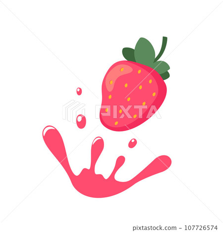 Strawberry in a splash of juice with drops, edible handmade mesh. Natural strawberry. Fresh farm organic berry. Vector illustration. 107726574
