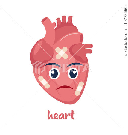 Sick heart with pain ache or disease. Sad cartoon character heart, body organ injured or unhealthy. Human cartoon anatomy, kids medicine. Vector illustration. Sick heart with pain ache or disease. Sad cartoon character heart, body organ injured or unhealthy. Human cartoon anatomy, kids medicine. Vector illustration. 107726603