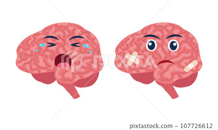 Sick brain with pain ache or disease. Sad cartoon character brain, body organ injured or unhealthy. Human cartoon anatomy, kids medicine. Vector illustration. Sick brain with pain ache or disease. Sad cartoon character brain, body organ injured or unhealthy. Human cartoon anatomy, kids medicine. Vector illustration. 107726612