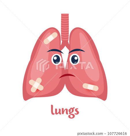 Sick lungs with pain ache or disease. Sad cartoon character lungs, body organ injured or unhealthy. Human cartoon anatomy, kids medicine. Vector illustration. 107726616