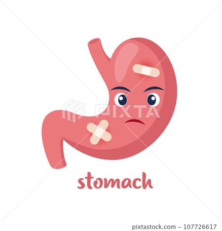 Sick stomach with pain ache or disease. Sad cartoon character stomach, body organ injured or unhealthy. Human cartoon anatomy, kids medicine. Vector illustration. 107726617