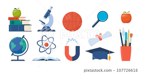 School, science and education icons. Microscope, atom, books, magnet, globe, basketball. Back to school. Vector illustration. 107726618