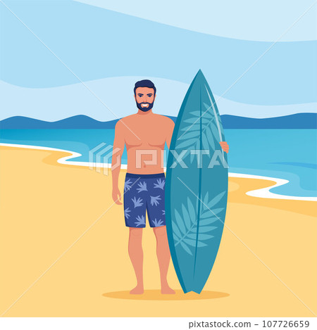 Young man surfer with surfboard standing on the beach. Smiling surfer guy. Vector illustration. Young man surfer with surfboard standing on the beach. Smiling surfer guy. Vector illustration. 107726659