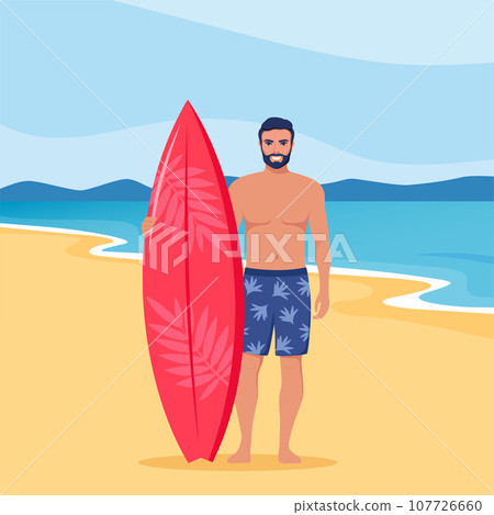 Young man surfer with surfboard standing on the beach. Smiling surfer guy. Vector illustration. Young man surfer with surfboard standing on the beach. Smiling surfer guy. Vector illustration. 107726660