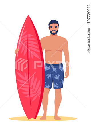 Young man surfer with surfboard standing on the beach. Smiling surfer guy. Vector illustration. Young man surfer with surfboard standing on the beach. Smiling surfer guy. Vector illustration. 107726661