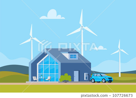 Green energy and eco friendly modern house. Solar, wind power. Electric car parking charging at family home charger station. Wind turbines at background. Vector illustration. 107726673