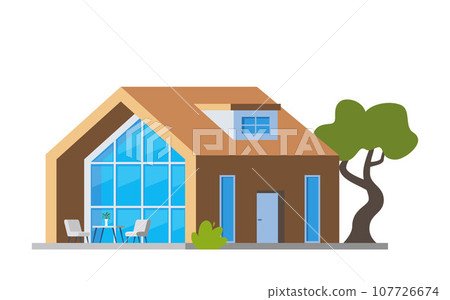 Beautiful modern house exterior, front view, minimalistic architecture design. Luxury villa exterior, country cottage, family home, real estate. Smart house concept. Flat style, vector illustration. 107726674