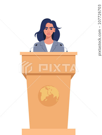 Woman in a business suit stands on a rostrum in front of the microphones. Woman orator speaking from tribune. Vector illustration. Woman in a business suit stands on a rostrum in front of the microphones. Woman orator speaking from tribune. Vector illustration. 107726703