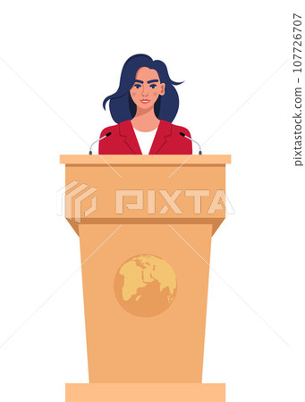 Woman in a business suit stands on a rostrum in front of the microphones. Woman orator speaking from tribune. Vector illustration. Woman in a business suit stands on a rostrum in front of the microphones. Woman orator speaking from tribune. Vector illustration. 107726707