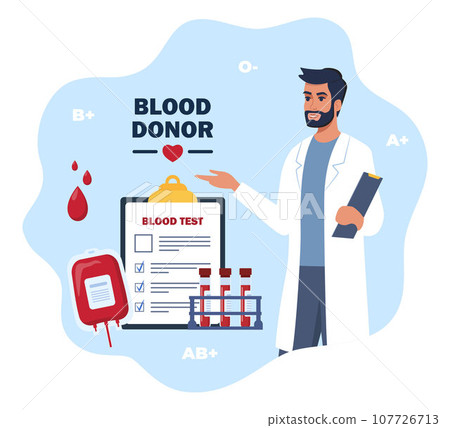 Blood transfusion. Blood donation. Patient blood in test tubes, microscope, exam checklist blank document, blood bag. Man doctor in medical robe. Vector illustration. Blood transfusion. Blood donation. Patient blood in test tubes, microscope, exam checklist blank document, blood bag. Man doctor in medical robe. Vector illustration. 107726713