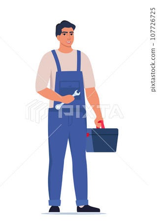 Repairman or mechanic with a toolbox. Man character in uniform with wrench in his hand. Vector illustration. 107726725