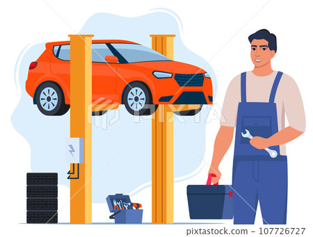 Car repair. Auto mechanic near the car lifted on autolifts. Car service and repair, diagnostics. Auto service. Vector illustration. 107726727