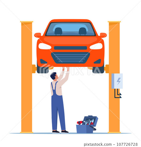 Car repair. Auto mechanic near the car lifted on autolifts. Car service and repair, diagnostics. Auto service. Vector illustration. 107726728