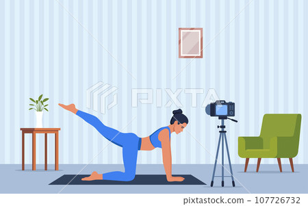 Female character doing yoga exercises at home recording video with camera on tripod. Social network blogging, healthy lifestyle concept. Sport streming. Vector illustration. Female character doing yoga exercises at home recording video with camera on tripod. Social network blogging, healthy lifestyle concept. Sport streming. Vector illustration. 107726732