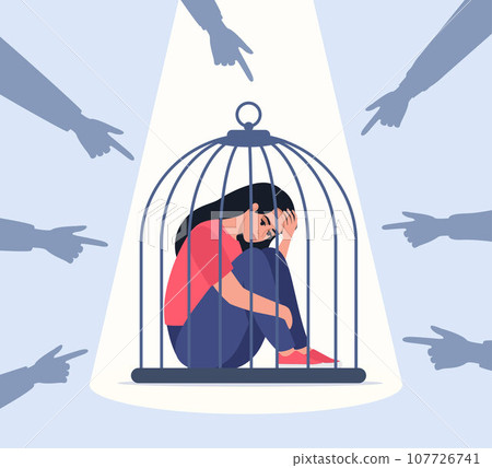 Unhappy female character locked in cage. Fingers pointing on sad girl. Concept of bullying and violence in society. Victim woman. Vector illustration. 107726741