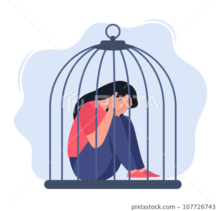 Woman locked in cage. Unhappy female character sitting on floor and hugging knees. Female empowerment movement. Concept of restriction of freedom, domestic violence. Vector illustration. Woman locked in cage. Unhappy female character sitting on floor and hugging knees. Female empowerment movement. Concept of restriction of freedom, domestic violence. Vector illustration. 107726743