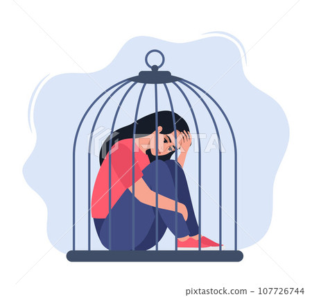 Woman locked in cage. Unhappy female character sitting on floor and hugging knees. Female empowerment movement. Concept of restriction of freedom, domestic violence. Vector illustration. 107726744