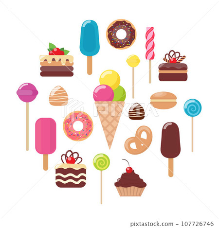 Set of various sweets. Ice cream, cake, cake, donut, macaroon, Lollipop, candy, chocolate. Vector flat illustration. Set of various sweets. Ice cream, cake, cake, donut, macaroon, Lollipop, candy, chocolate. Vector flat illustration. 107726746