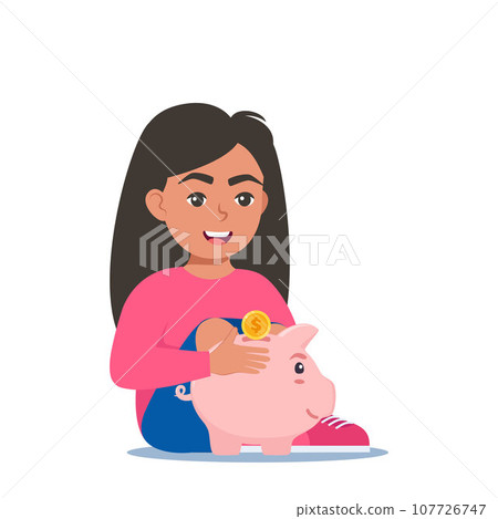 Happy girl kid putting a gold coin into a piggy bank. Money saving, economy. Vector illustration. Happy girl kid putting a gold coin into a piggy bank. Money saving, economy. Vector illustration. 107726747