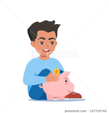 Happy boy kid putting a gold coin into a piggy bank. Money saving, economy. Vector illustration. 107726748