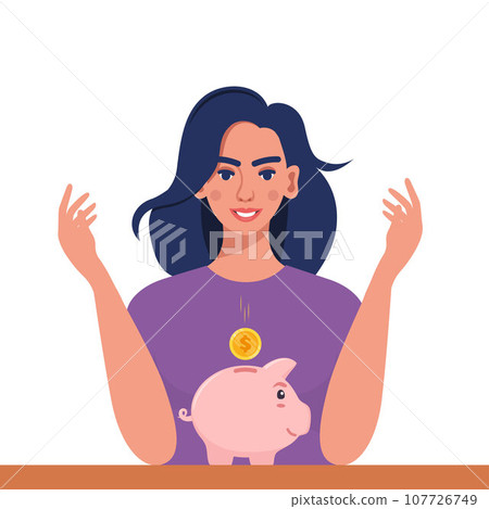 Young woman putting a gold coin into a piggy bank. Money saving, economy concept. Profit, income, earnings, budget, fund. Vecor illustration. Young woman putting a gold coin into a piggy bank. Money saving, economy concept. Profit, income, earnings, budget, fund. Vecor illustration. 107726749