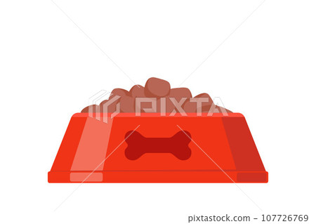 Dog dry food bowl. Bowl with bone drawing on it. Red pet bowl with dry food. Vector illustration. 107726769
