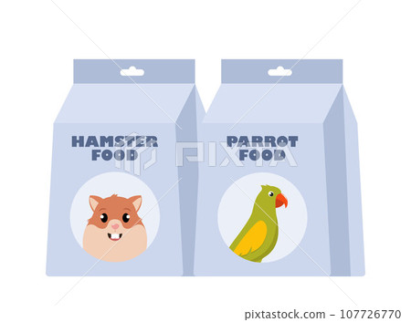 Parrot Food and Hamster food pack. Packages of dry food. Pet shop, domestic animal, care concept. Vector illustration. Parrot Food and Hamster food pack. Packages of dry food. Pet shop, domestic animal, care concept. Vector illustration. 107726770
